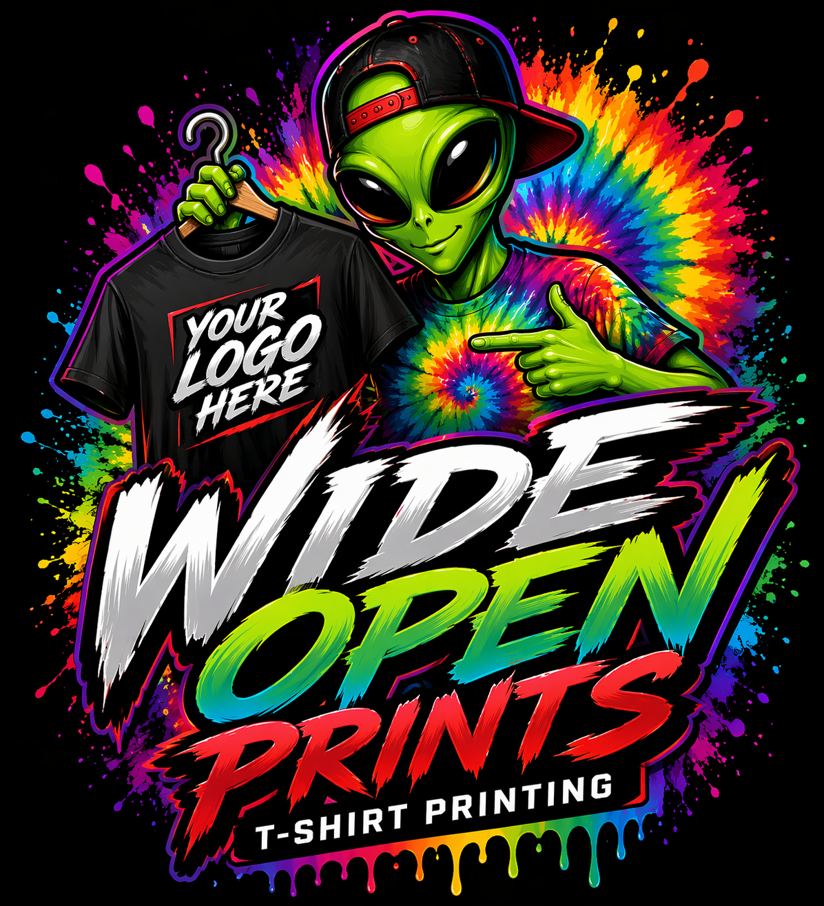 Promotional graphic for t-shirt printing with alien character and colorful text.